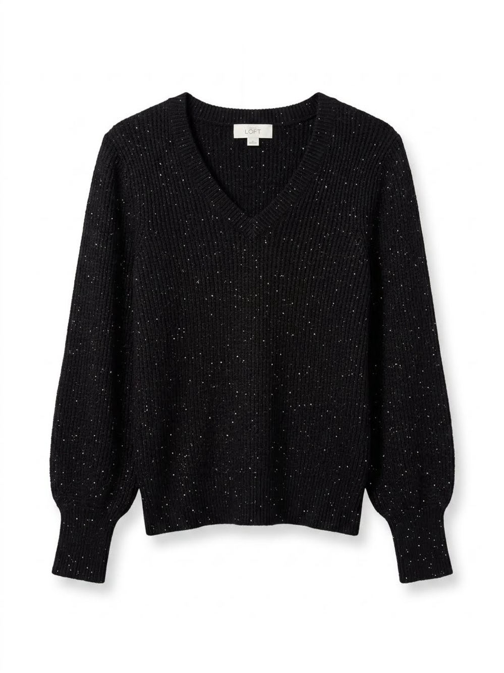 LOFT Black V-Neck Flecked Knit Sweater Soft Relaxed Elegance Casual or Workwear
